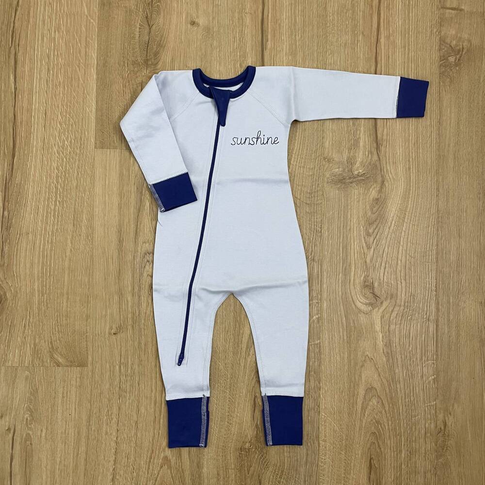 NEW SAPLING ORGANIC embroidered zip romper in blue sunshine